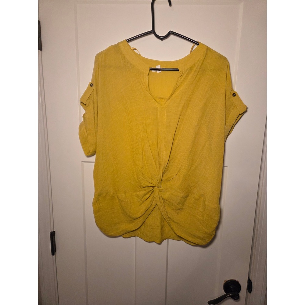 Twine & String Mustard‎ Yellow Front Twist Knot Blouse Split V-Neck Top XL